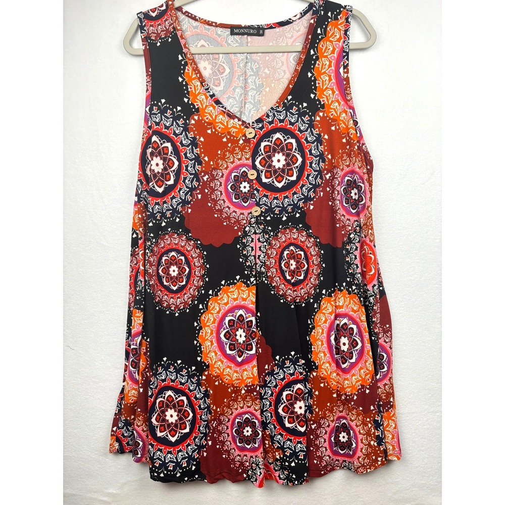 Monnuro Tank Top Womens 3X Mandala Print Sleeveless Pleated Tunic